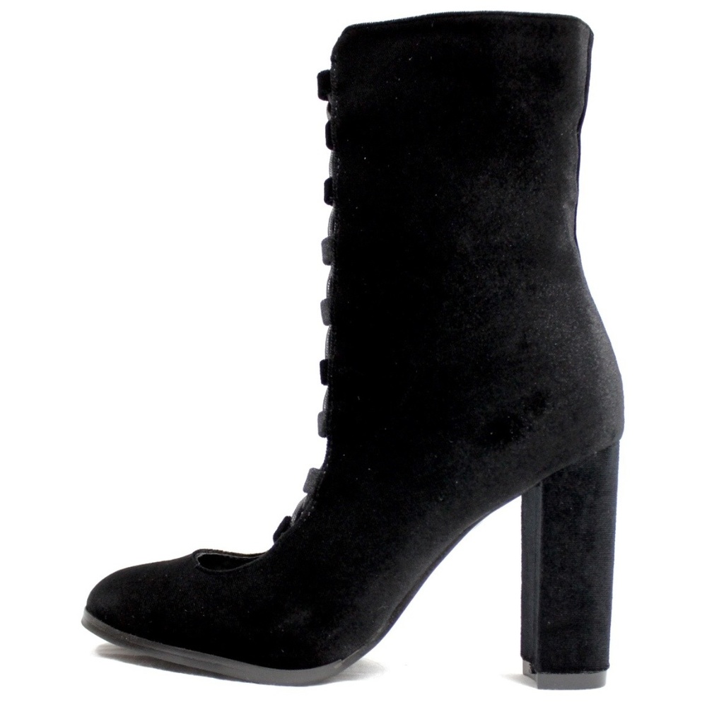 Velvet Chunky High Heel Ankle Lace Up Bootie